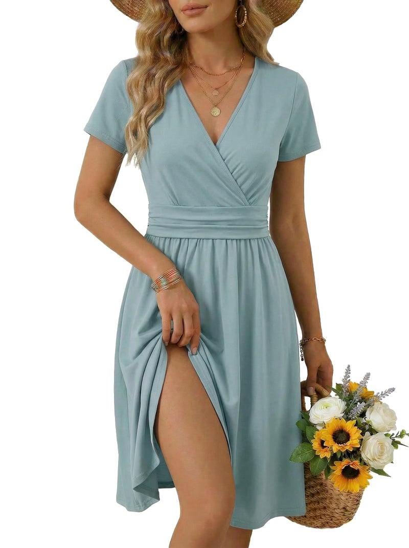 OUGES Summer Dress with Pockets Casual Lightweight Flowy Midi Sundress Work Church Wedding Guest Dresses(Grey Blue,XL) - Image 1