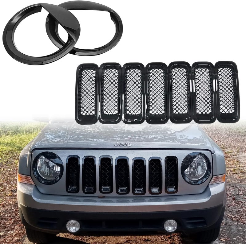 Bolaxin ABS Bezels Front Light Headlight Cover & Mesh Grille Insert Kit for Jeep Patriot 2011-2017 (9 PCS) - Image 1