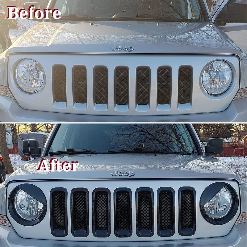 Bolaxin ABS Bezels Front Light Headlight Cover & Mesh Grille Insert Kit for Jeep Patriot 2011-2017 (9 PCS) - Image 2