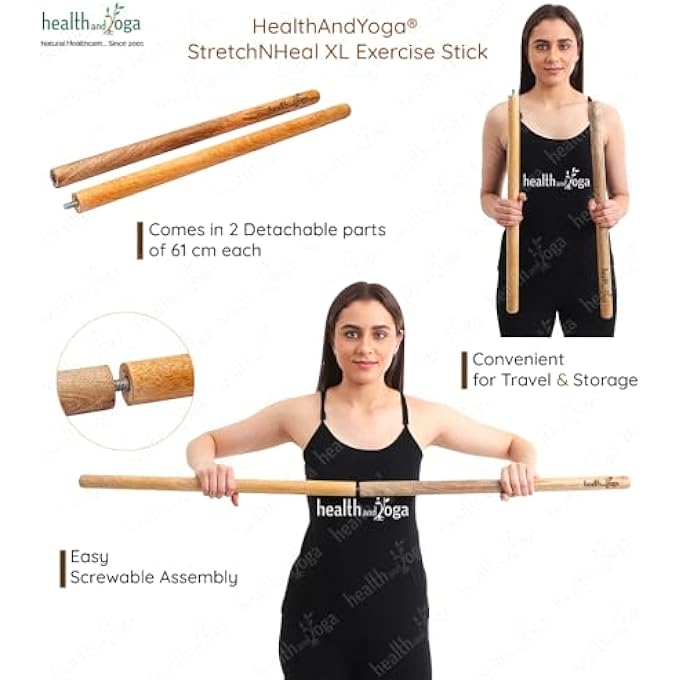 rayihni ® عصا اليوغا الخشبية القابلة للطي متعددة الاستخدامات ستريتشنهيل XL - قضيب تمرين بدني، قضيب مرونة، عمود وضعية (XL - 48 بوصة) - Image 4