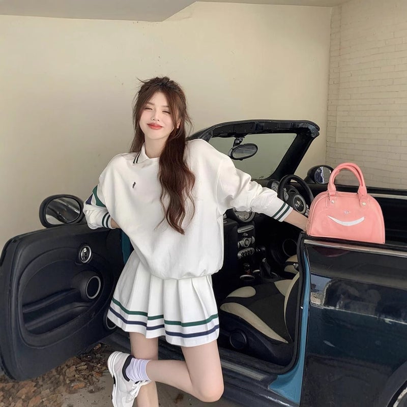 Striped Sport Polo Collar Sweatshirt Womens Early Spring American Style Retro Long Sleeve Coat White Spice Girl Loose Short Top Sweatshirt + skirt