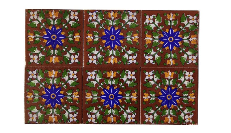 Shiv Kripa Blue Pottery Luxury Floral Decorative Crafted Tabletop Flooring Wall Interior Exterior Traditional 4 x 4 inch Tiles Pack of 6 Tiles