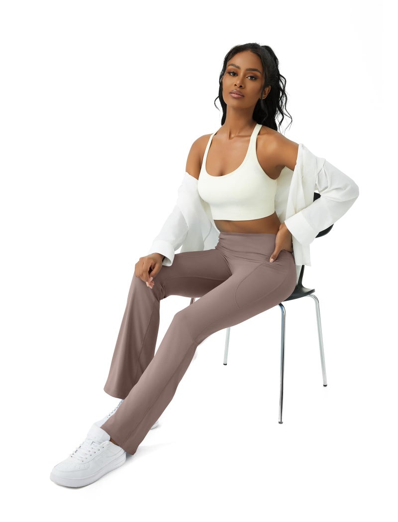 COPYLEAF Womens Yoga Pants with Pockets High Waisted Flare Leggings Bell Bottom Yoga Dress Pants Seamless Bootcut Pants(Taupe M) - Image 3