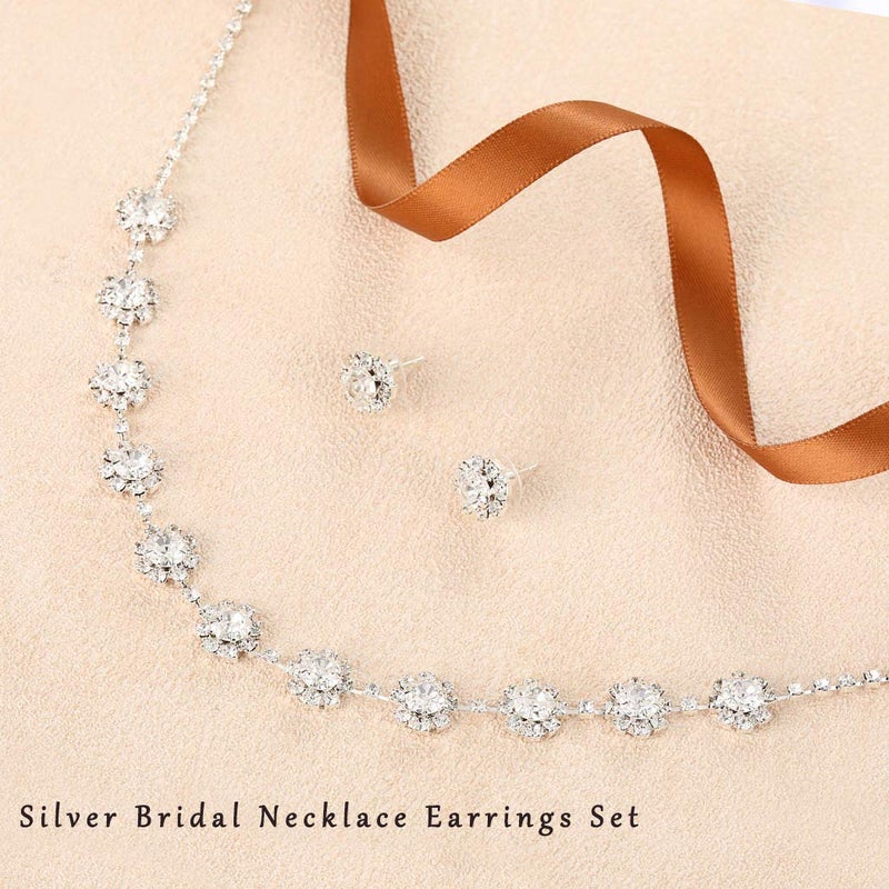 Unicra Bride Silver Necklace Earrings Set Crystal Bridal Wedding Jewelry Set for Women - Image 3