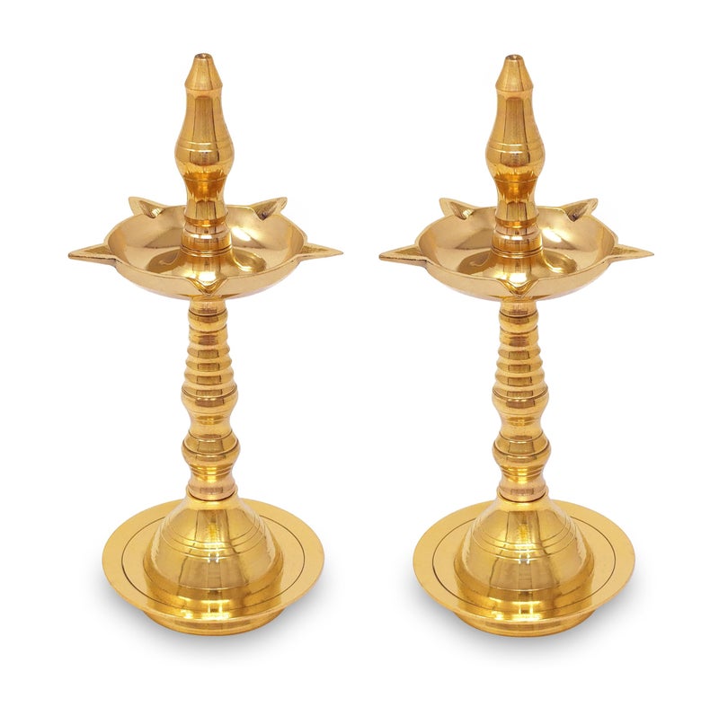BENGALEN Brass Kerla Diya Samai 10 Inch Kerala Traditional Oil Lamp Deepak Lamp Kutthu vilakku Panchmahal Deepam for Pooja Mandir Diwali Indian Puja Wedding Return Gift Items Set of 2 - Image 1