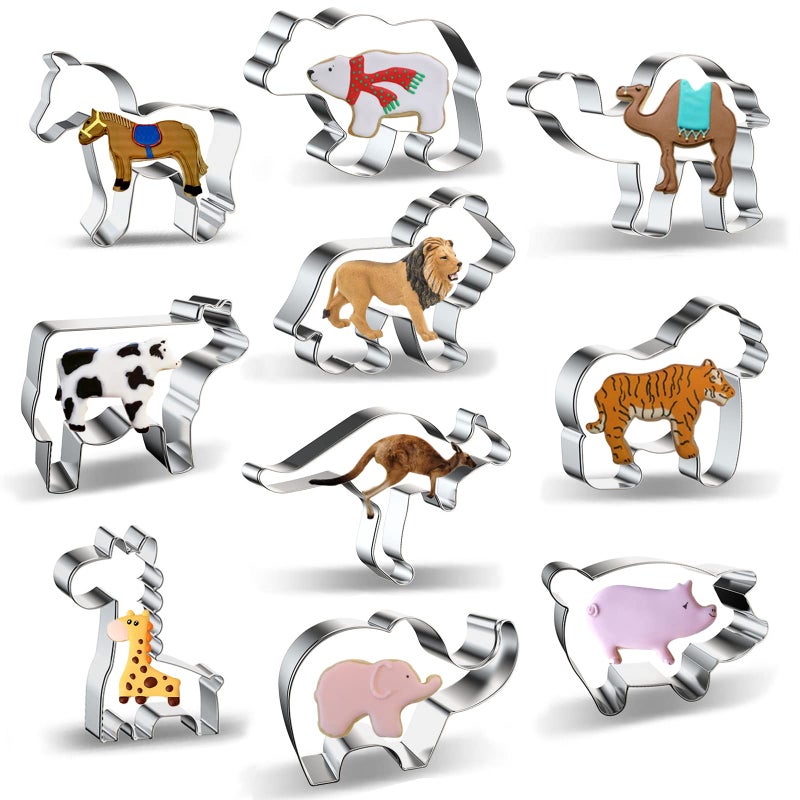 قواطع بسكويت على شكل حيوانات للأطفال للخبز مجموعة قواطع بسكويت سفاري حيوانات حديقة الحيوان 10 قطع مع حصان دب قطبي جمل بقرة أسد زرافة نمر كنغر فيل خنزير