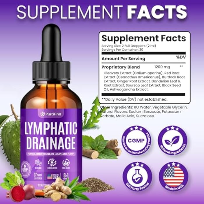 Purafina قطرات تصريف اللمف العضوية مع الكليرز I الجذر الأحمر I الأرقطيون I الزنجبيل I الهندباء I السورساوب I زيت الحبة السوداء I الأشواغاندا دعم نظام اللمف تطهير - مكمل تنظيف الكبد (1 زجاجة) - Image 5