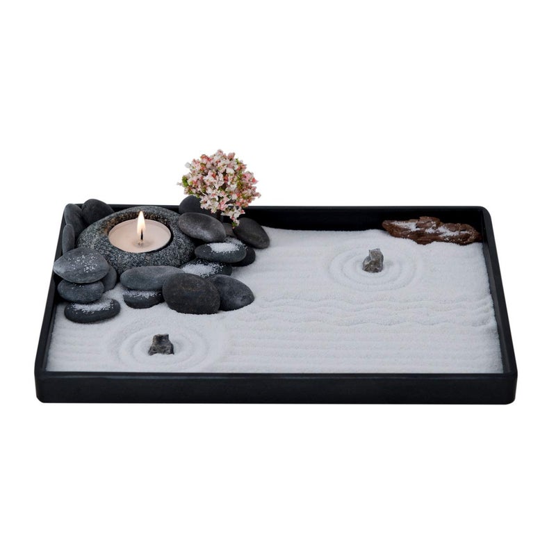 ICNBUYS Handmade Zen Garden Pebbles Candle Holder Set with Zen Garden Tools Sand Base Tray and Free Accessories