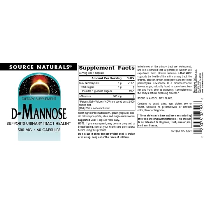 Source Naturals D-Mannose, Potent Urinary Tract & Bladder Health Support*, 500mg - 60 Capsules - Image 4