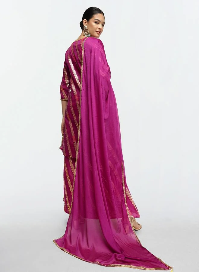 آي شين Women's Purple Silk Blend Embellished Tunic Upper Calf Length Palazzo Bottom Straight Fit 3 Peice Kurta Set