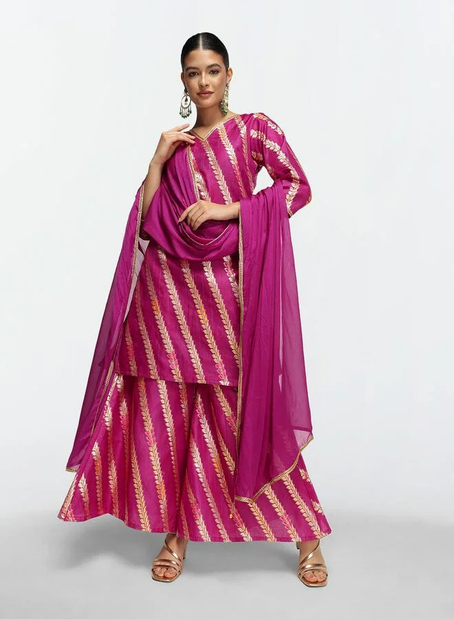 آي شين Women's Purple Silk Blend Embellished Tunic Upper Calf Length Palazzo Bottom Straight Fit 3 Peice Kurta Set