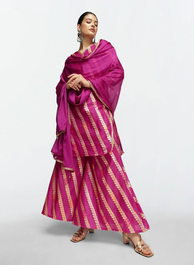 ISHIN Women's Purple Silk Blend Embellished Tunic Upper Calf Length Palazzo Bottom Straight Fit 3 Peice Kurta Set