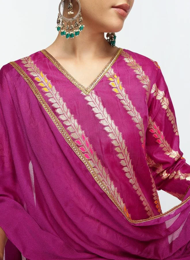 ISHIN Women's Purple Silk Blend Embellished Tunic Upper Calf Length Palazzo Bottom Straight Fit 3 Peice Kurta Set