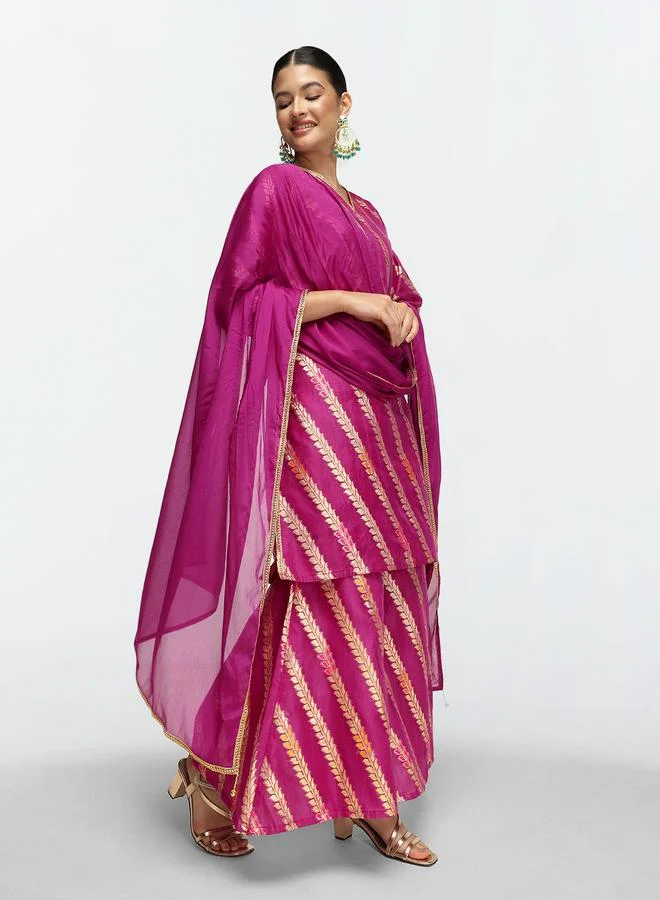 ISHIN Women's Purple Silk Blend Embellished Tunic Upper Calf Length Palazzo Bottom Straight Fit 3 Peice Kurta Set