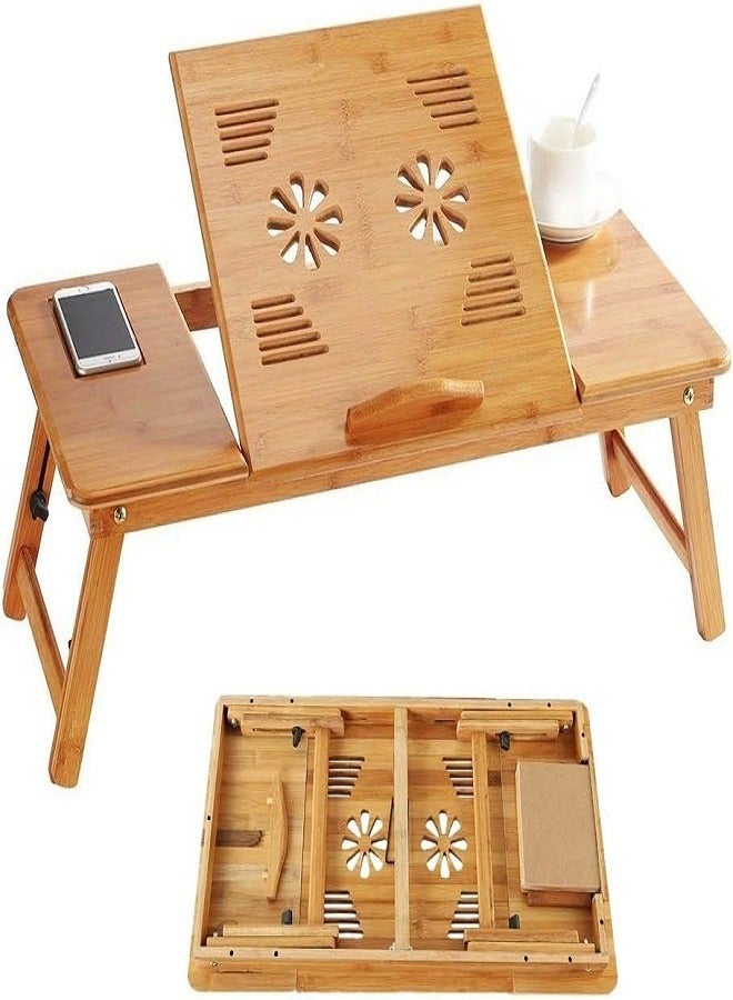 Bamboo Wood Folding Laptop Table Desk Stand Tray Height Adjustable Tilt Angle Fan Air Vent Side Drawer Phone Cup Holder Foldable for Bed Sofa, Writing and Eating
