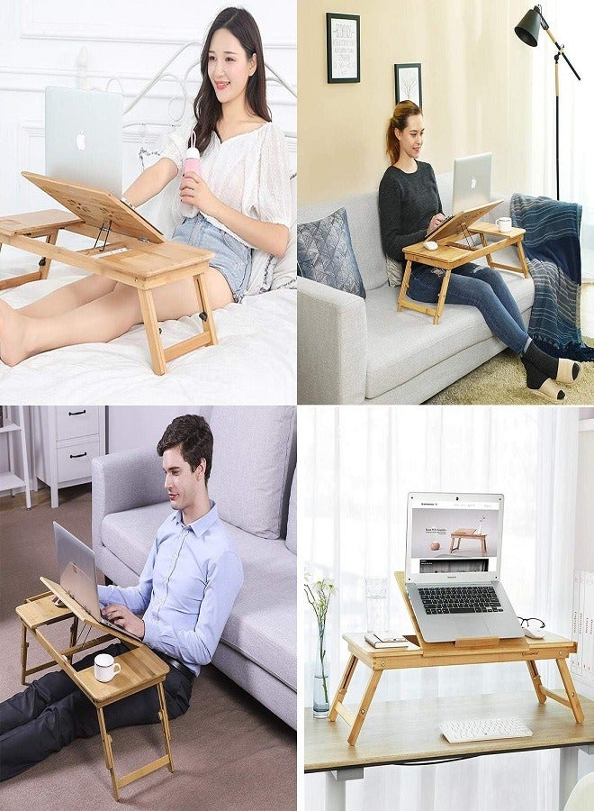 Bamboo Wood Folding Laptop Table Desk Stand Tray Height Adjustable Tilt Angle Fan Air Vent Side Drawer Phone Cup Holder Foldable for Bed Sofa, Writing and Eating