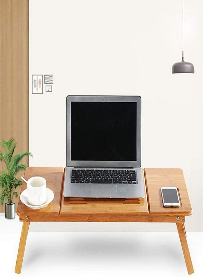 Bamboo Wood Folding Laptop Table Desk Stand Tray Height Adjustable Tilt Angle Fan Air Vent Side Drawer Phone Cup Holder Foldable for Bed Sofa, Writing and Eating