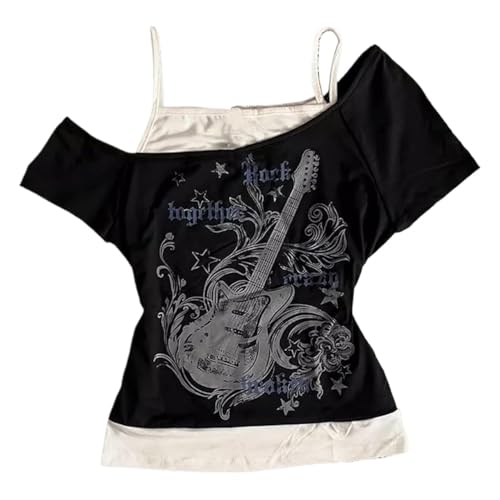 MANGMAO Emo Grunge Shirts Women Graphic Baby Tees Fake Two Piece Short Sleeve Vintage Y2k Crop Top Alt Goth Clothes (Black Grey,Medium) - Image 1