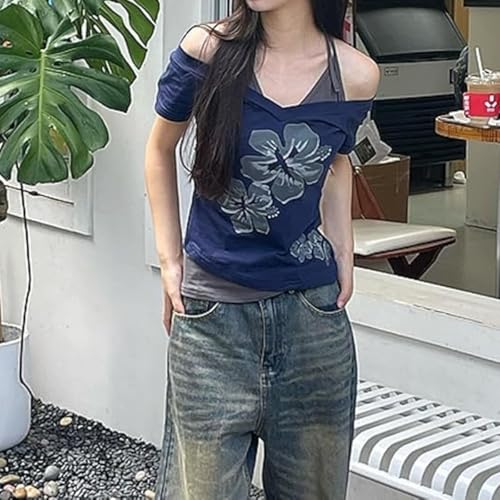 MANGMAO Emo Grunge Shirts Women Graphic Baby Tees Fake Two Piece Short Sleeve Vintage Y2k Crop Top Alt Goth Clothes (Black Grey,Medium) - Image 4