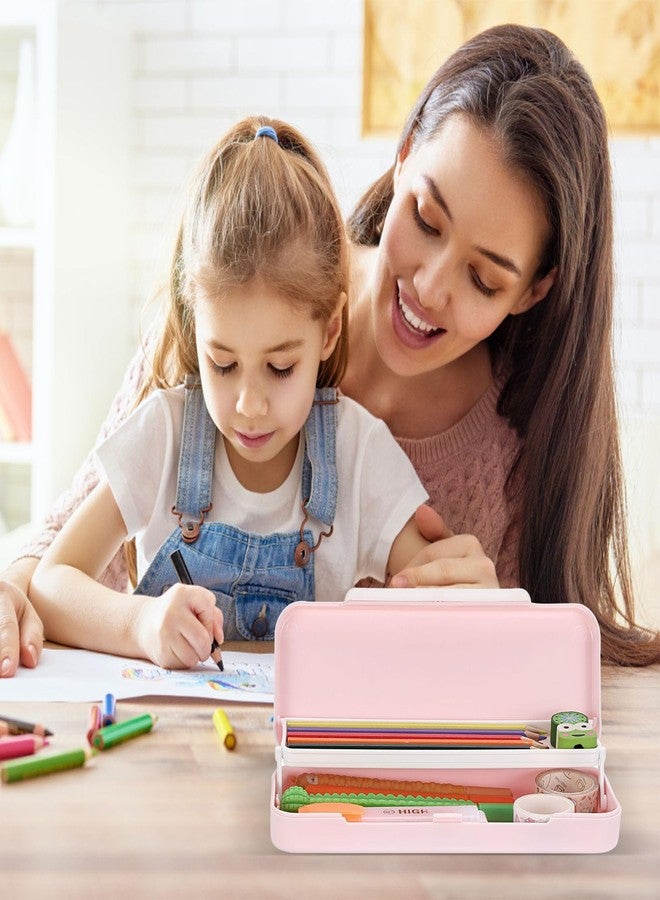 بي تي سكاي علبة أقلام بلاستيكية مزدوجة الطبقات بتصميم بطة صغيرة من BTSKY، علبة أقلام لطيفة، منظم بلاستيكي للتخزين، حجم صغير للأقلام والممحاة ومشابك الورق وغيرها من الأدوات المكتبية الصغيرة، لون وردي - Image 3