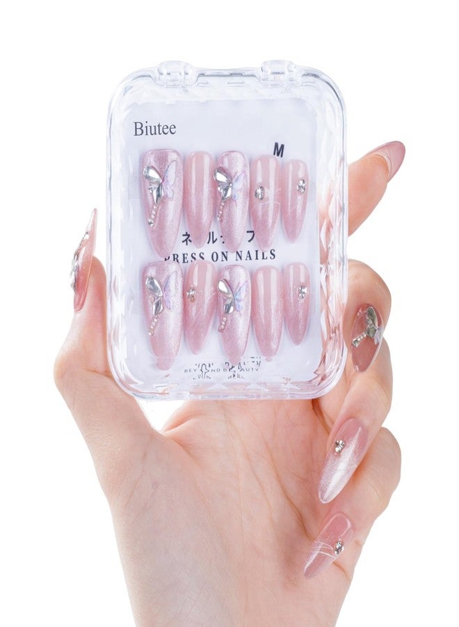 Biutee Press on Nails Medium Almond Pink Fake Nails Press ons with Butterfly Rhinestone Designs Glue On Nails, Glossy Reusable Stick On Nails for Women Gift with Nail Glue Adhesive Tab,13Pcs - Image 1
