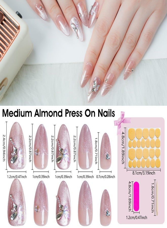 Biutee Press on Nails Medium Almond Pink Fake Nails Press ons with Butterfly Rhinestone Designs Glue On Nails, Glossy Reusable Stick On Nails for Women Gift with Nail Glue Adhesive Tab,13Pcs - Image 2