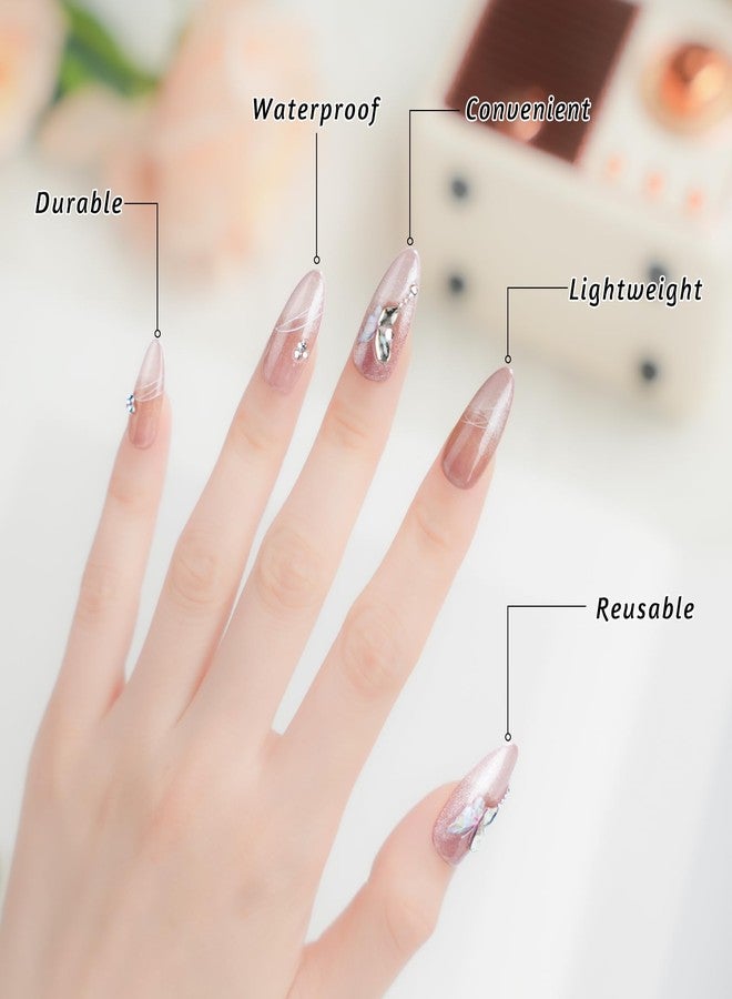 Biutee Press on Nails Medium Almond Pink Fake Nails Press ons with Butterfly Rhinestone Designs Glue On Nails, Glossy Reusable Stick On Nails for Women Gift with Nail Glue Adhesive Tab,13Pcs - Image 4