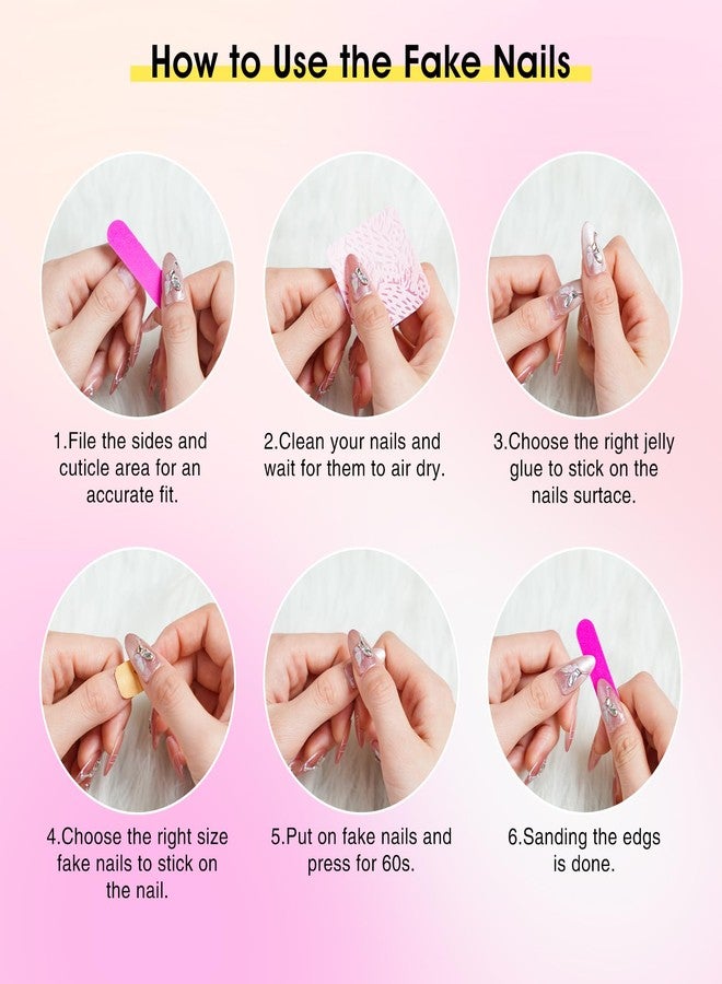 Biutee Press on Nails Medium Almond Pink Fake Nails Press ons with Butterfly Rhinestone Designs Glue On Nails, Glossy Reusable Stick On Nails for Women Gift with Nail Glue Adhesive Tab,13Pcs - Image 5