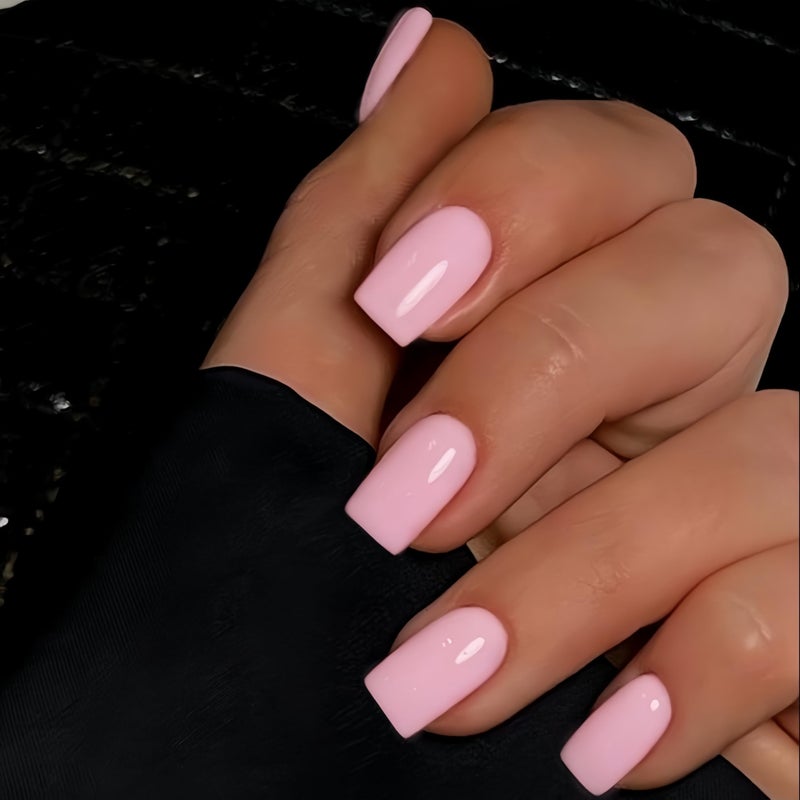 KQueenest 30 Pcs Baby Pink Press on Nails Short Medium Square, Valentines Fake Nails Acrylic, Reusable Short Coffin False Nails Set, Varied Sizes Solid Color Press ons for Women Daily Wear - Image 1