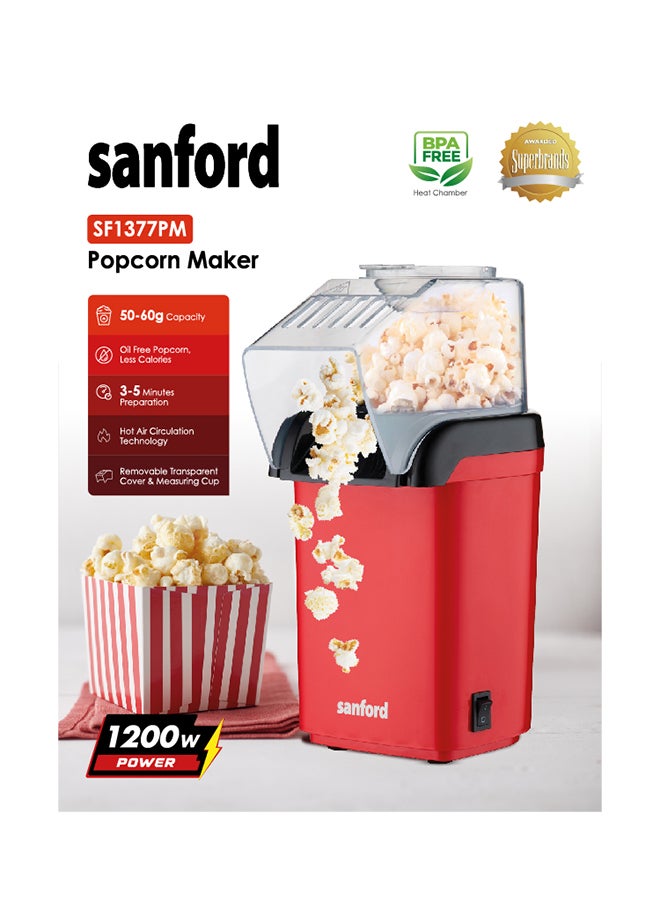 Sanford Popcorn Maker | Food Grade Aluminum Alloy, Oil-Free Popcorn, Hot Air Circulation Technology, 50-60gm Capacity 0.6 kg 1200 W SF1377PM Red - Image 1