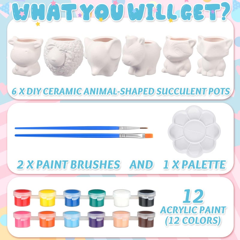 Beeveer 6 Sets Paint Your Own Animal Shaped Succulent Planter Spring Mini Unpainted Flower Pots Cartoon DIY Paintable Kit for Kids Classroom Craft Project Activity Birthday Gift - Image 3