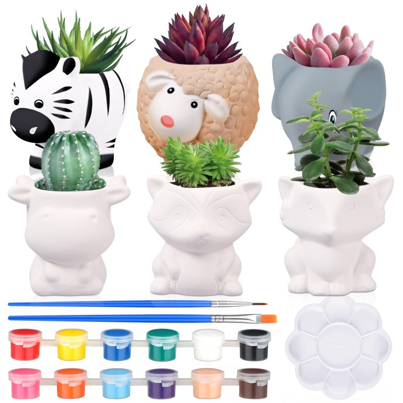 Beeveer 6 Sets Paint Your Own Animal Shaped Succulent Planter Spring Mini Unpainted Flower Pots Cartoon DIY Paintable Kit for Kids Classroom Craft Project Activity Birthday Gift - Image 1
