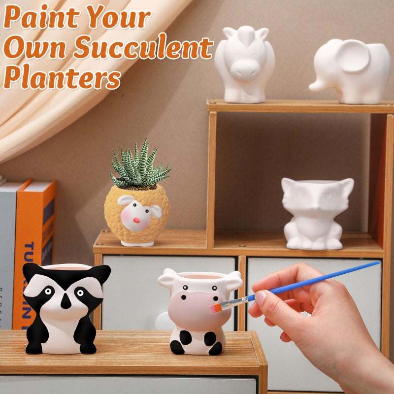Beeveer 6 Sets Paint Your Own Animal Shaped Succulent Planter Spring Mini Unpainted Flower Pots Cartoon DIY Paintable Kit for Kids Classroom Craft Project Activity Birthday Gift - Image 4