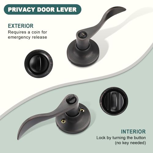 GOBEKOR 2 Pack Privacy Door Levers Interior Oil Rubbed Bronze Bedroom Door Handles Interior Bronze Bathroom Door Handles with Lock Keyless Door Hardware - Image 3