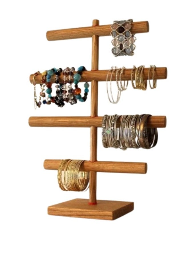 Peelorange Wooden Handmade Portable Jewellery Display Stand, 4-Tier T-Bar Organiser, Natural Rubberwood - Image 1