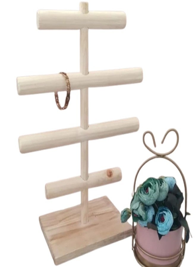 Peelorange Wooden Handmade Portable Jewellery Display Stand, 4-Tier T-Bar Organiser, Natural Rubberwood - Image 2