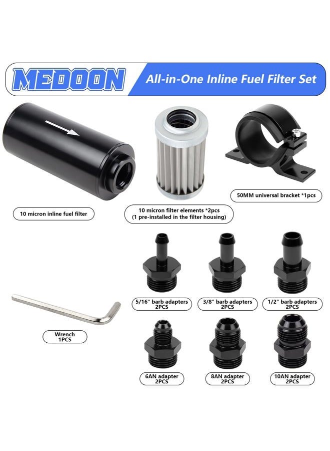 Medoon 10 Micron Inline Fuel Filter with 6AN 8AN 10AN Adapter(6pcs), Barb 1/2", 3/8", 5/16" Fitting Adapter (6pcs),Bracket Clamp 50MM Universal, 10 Micron Filter Element Replacement - Image 2