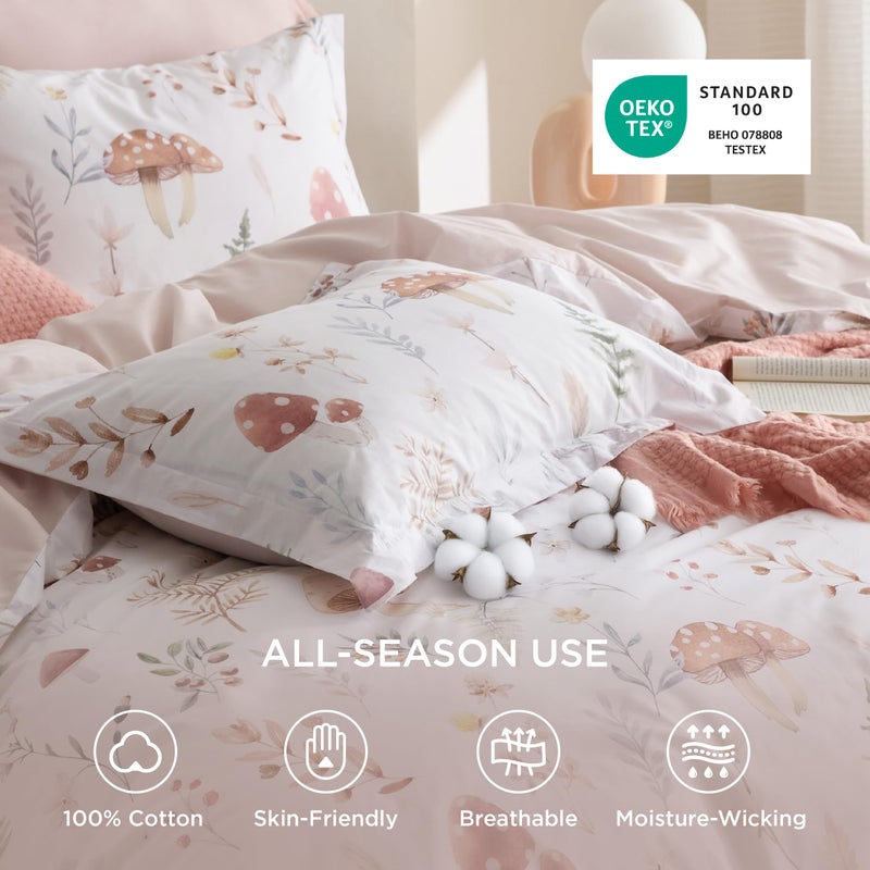 Bedsure 100% Cotton Reversible 3 Pcs Floral Duvet Cover Set, Queen Size (230 cm x 230 cm), with Zipper Closure and with 2 Pillow Shams (50 cm x 66 cm), Soft & Breathable PureWoven, Beige - Image 2