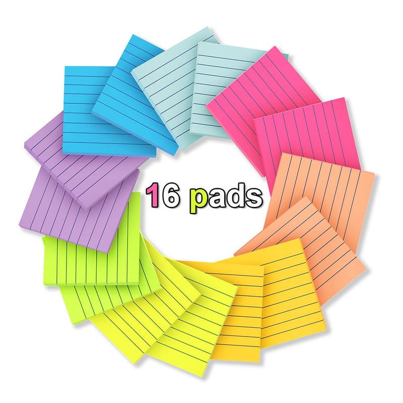 Kozerite (16 Pack) Lined Sticky Notes 3x3 in Ruled Stickies Super Sticking Power Memo Pads Bright Colors - Image 2