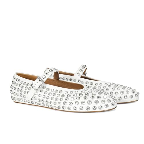 MICIFA Rhinestone Ballet Flats for Women, Sparkly Crystals Ballerina Shoes Buckle Strap Mary Jane Flats Round Toe Casual Dress Shoes White - Image 5