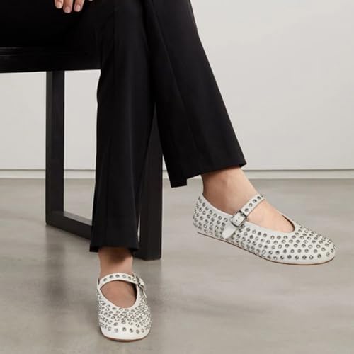 MICIFA Rhinestone Ballet Flats for Women, Sparkly Crystals Ballerina Shoes Buckle Strap Mary Jane Flats Round Toe Casual Dress Shoes White - Image 2