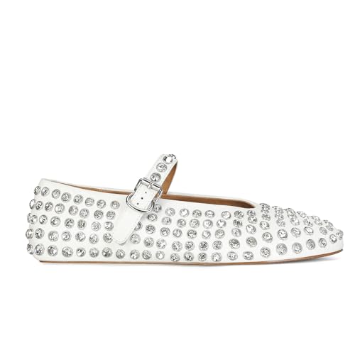 MICIFA Rhinestone Ballet Flats for Women, Sparkly Crystals Ballerina Shoes Buckle Strap Mary Jane Flats Round Toe Casual Dress Shoes White - Image 1