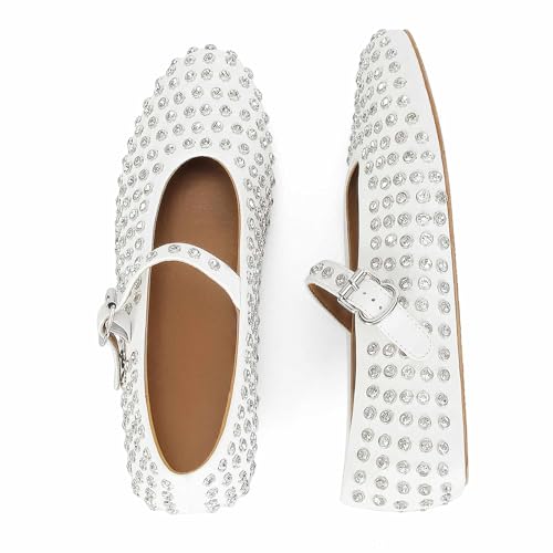 MICIFA Rhinestone Ballet Flats for Women, Sparkly Crystals Ballerina Shoes Buckle Strap Mary Jane Flats Round Toe Casual Dress Shoes White - Image 4