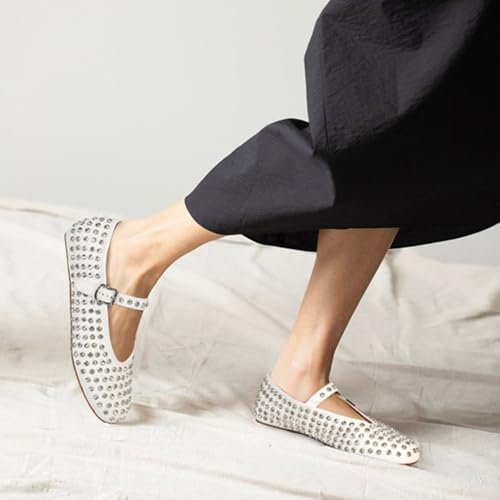 MICIFA Rhinestone Ballet Flats for Women, Sparkly Crystals Ballerina Shoes Buckle Strap Mary Jane Flats Round Toe Casual Dress Shoes White - Image 3