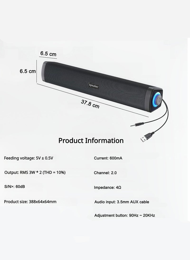 Computer Speakers  Sound Bar, Computer Speakers with 3.5 mm aux,Wired USB Powered  Colorful LED Lights with Switch on,Surround Sound Portable SoundBar for Monitor Laptop Phone(Black) - Image 4