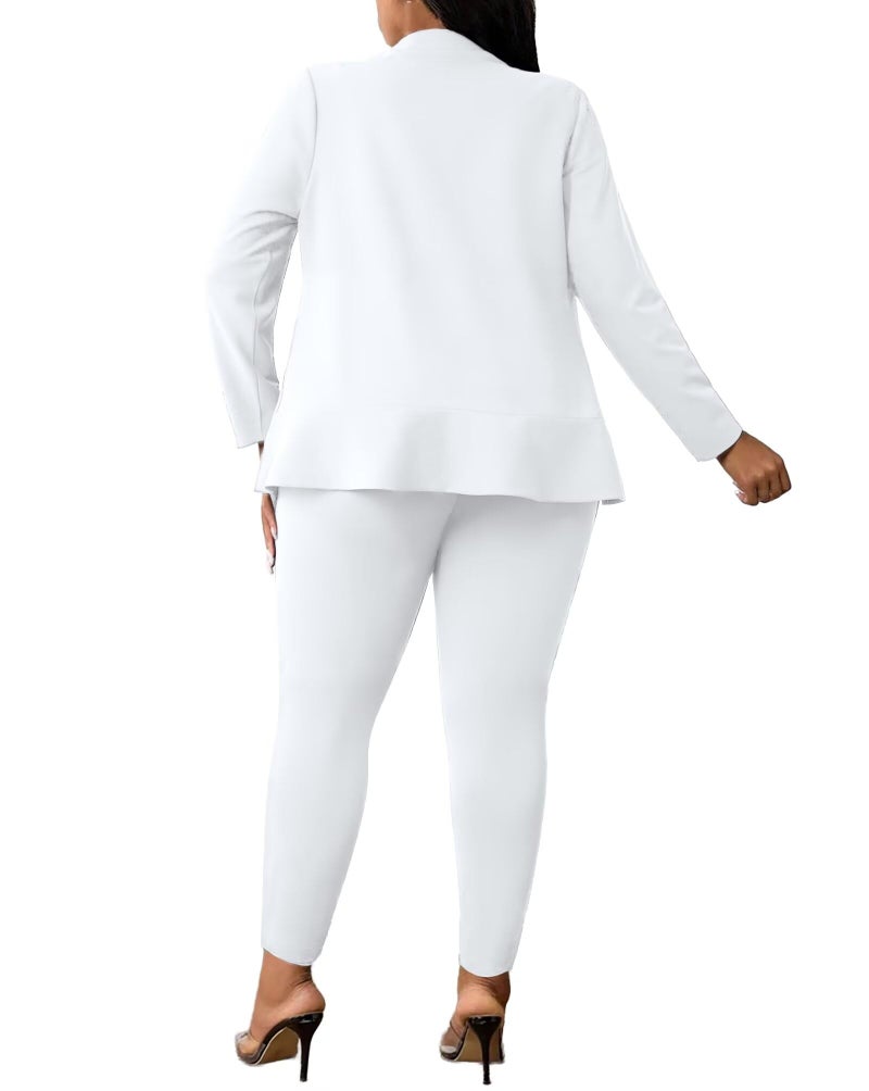 Aro Lora Womens Plus Size 2 Piece Outfits Pantsuits Long Sleeve Ruffle Irregular Hem Open Front Blazer Pant Set 3X-Large White - Image 4