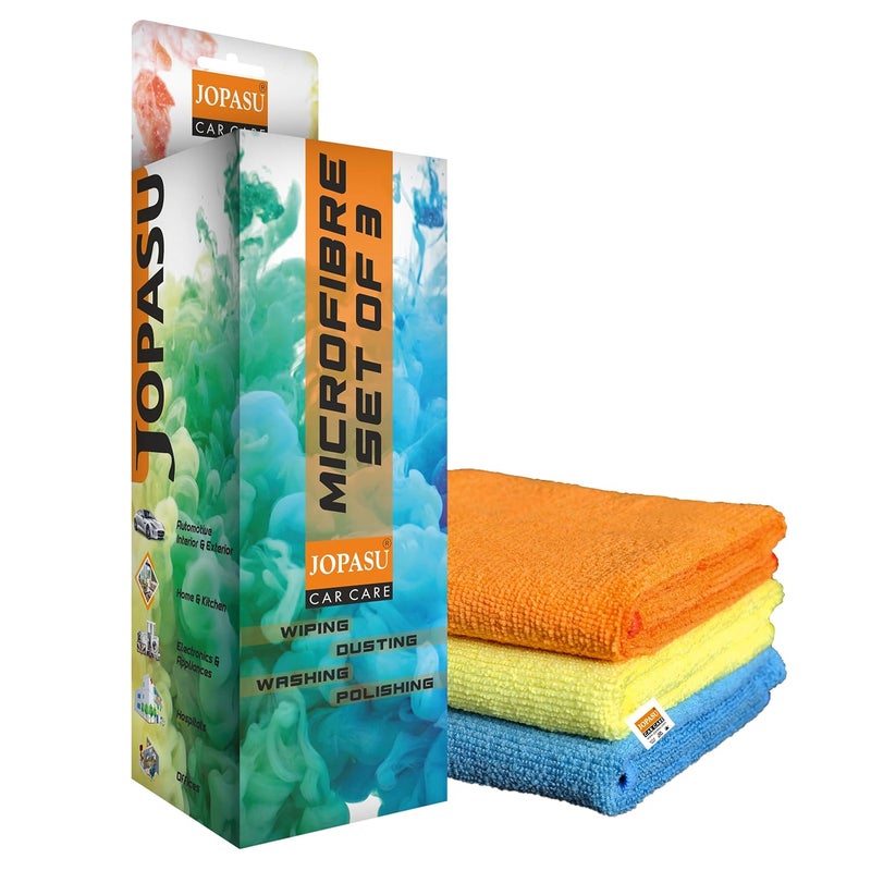 JOPASU Microfiber Cloth 250 GSM Set of 3 Blue Orange Yellow 40x40 cms Multipurpose Cleaning Cloths for Cars Bikes Kitchen Home Appliances - Image 2