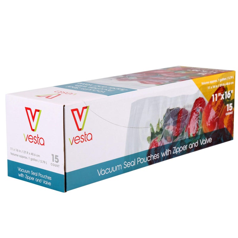 V Vesta Precision Vesta Precision Vacuum Seal Pouches  Clear and Embossed Vacuum Sealer Bags with Zipper and Valve  Great for Food Storage and Sous Vide  11 x 16 inches  15 Vacuum Seal Bags Per Box 