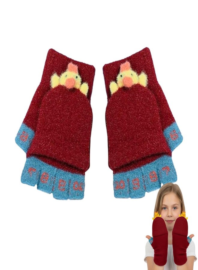 SOLDTRUE 2-in-1 Convertible Baby Wool Gloves | Cute Cartoon Design Full & Half Finger Knitted Winter Gloves for 3-7 Years Kids | Warm, Soft, Windproof & Flexible Christmas Gift (Red) - Image 1