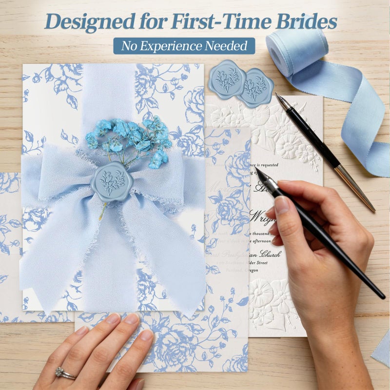Dadoudou Wedding Invitation Accessories Kit, Pre-Folded Vellum Jackets for 5Ã—7 Invitations with Wax Seal Stickers, Ribbon & Dried Flowers, Elegant Wedding Invitation Accessories for DIY Bridal Invites (Gold-Rose, 50) - Image 5